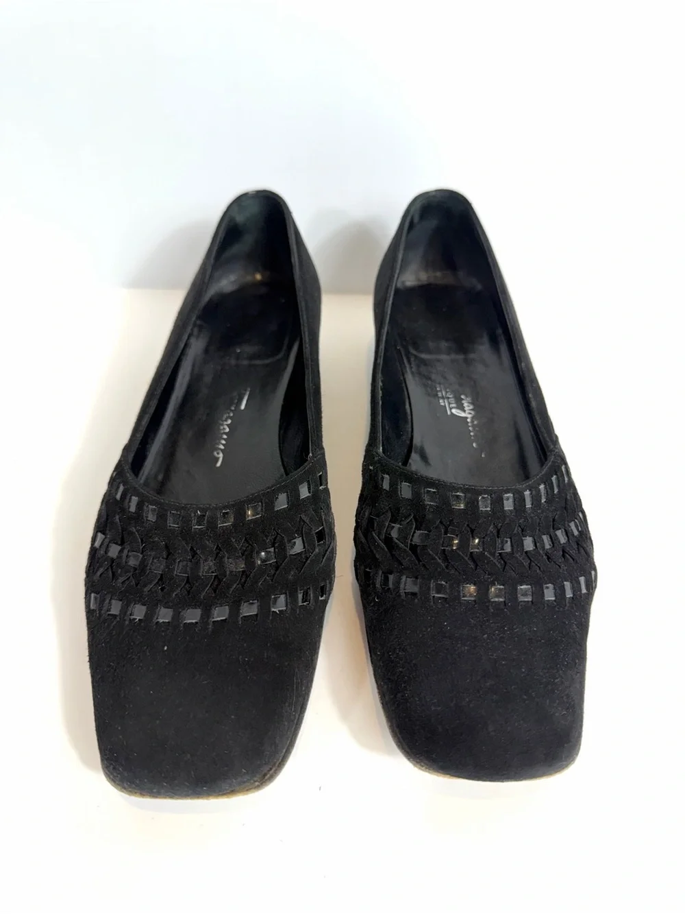 Salvatore Ferragamo Vintage Black Suede Woven Detail Block Heel Pumps 6.5 C